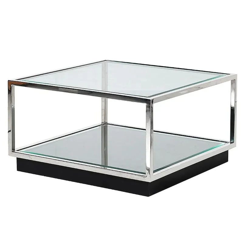 Casa Padrino Couchtisch mit Glasplatte und Spiegelablage Silber / Schwarz 65 cm