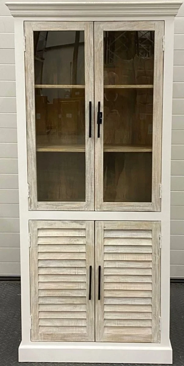 Casa Padrino Landhausstil Vitrine Weiß / Naturfarben 92 x 46 x H. 198 cm - Vitrinenschrank mit 2 Glastüren und 2 Lamellentüren