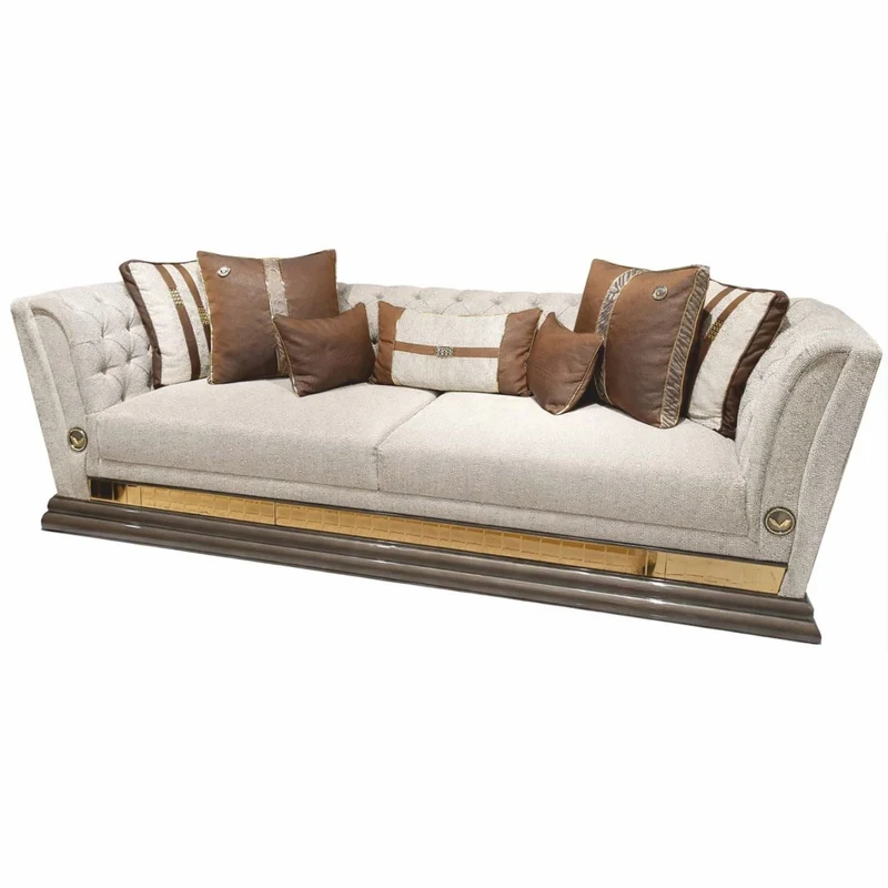 Casa Padrino Luxus Sofa Grau / Gold 263 cm - Wohnzimmer & Hotel Möbel