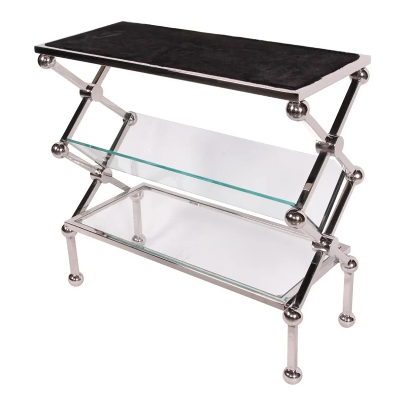 Casa Padrino Luxus Konsolentisch mit Fellauflage Silber / Schwarz 82 x 34 x H. 76 cm - Beistelltisch mit 2 Glasablagen