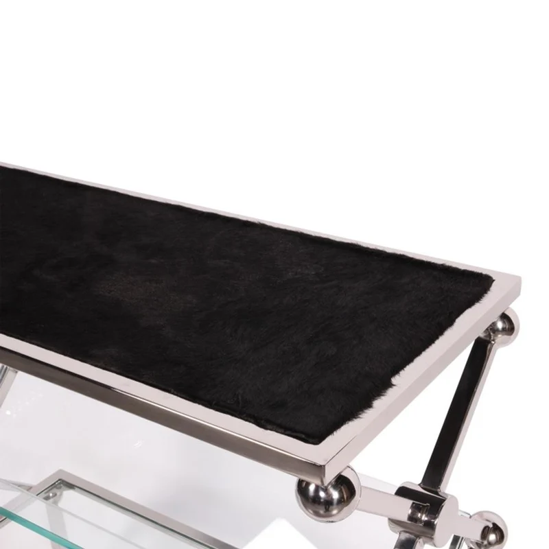 Casa Padrino Luxus Konsolentisch mit Fellauflage Silber / Schwarz 82 x 34 x H. 76 cm - Beistelltisch mit 2 Glasablagen