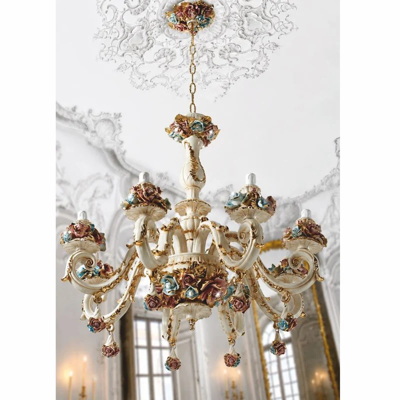 Casa Padrino Luxus Barock Keramik Kronleuchter Weiß / Bunt / Gold Ø 90 x H. 150 cm - Made in Italy