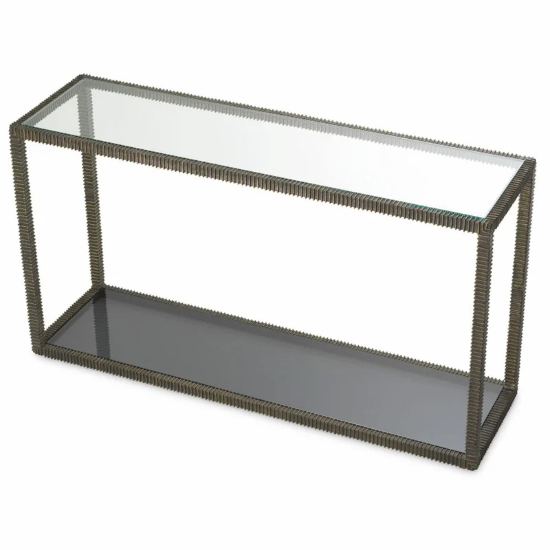 Casa Padrino Luxus Aluguss Konsole mit Glasplatten Bronze / Grau 140 cm - Luxus Möbel