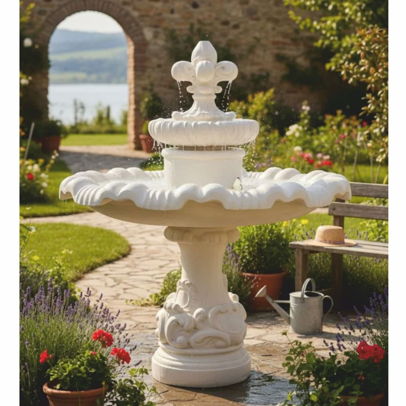 Casa Padrino Barock Springbrunnen Lilie Weiß Ø 130 x H. 140 cm - Runder Gartenbrunnen - Garten & Terrassen Deko