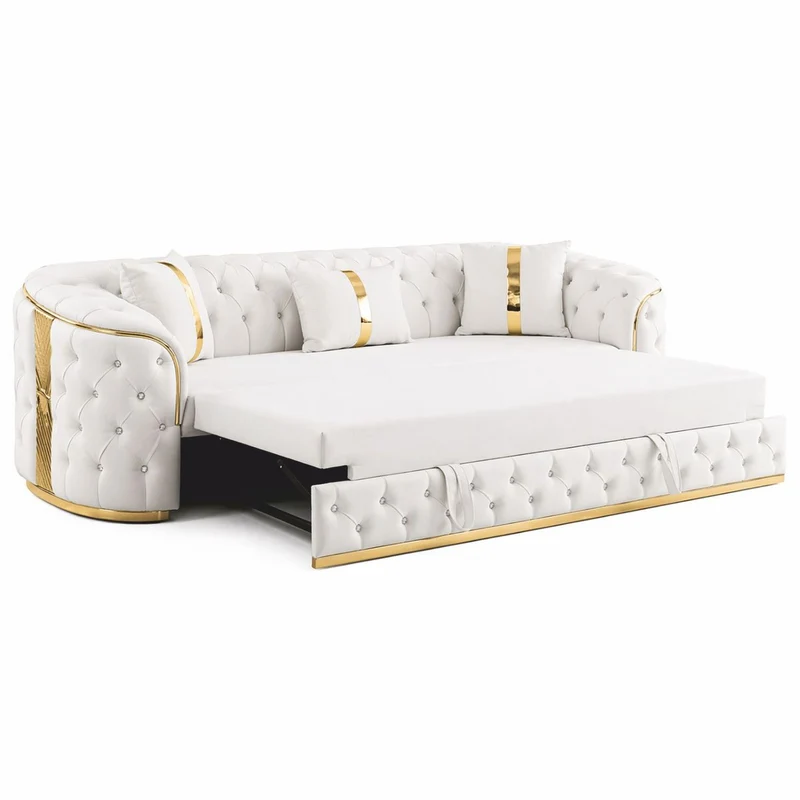 Casa Padrino Luxus Chesterfield Schlafsofa Weiß / Gold 230 cm - Wohnzimmer Möbel