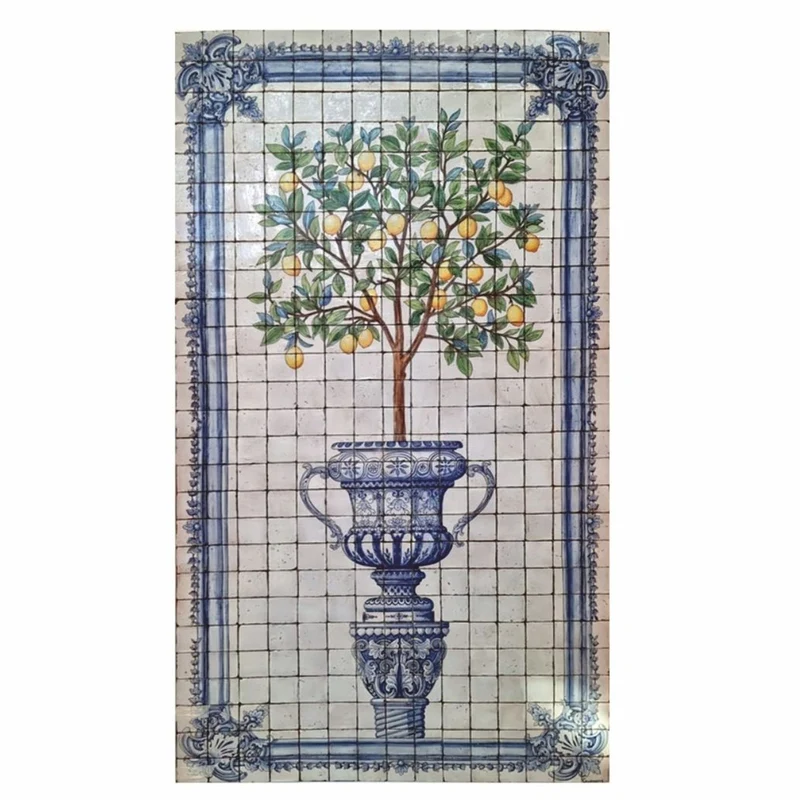 Casa Padrino Luxus Barock Keramik Wandgemälde Zitronenbaum Creme / Blau / Bunt H. 280 cm - Handgefertigtes Mosaik Fliesen Gemälde - Barock Wanddeko