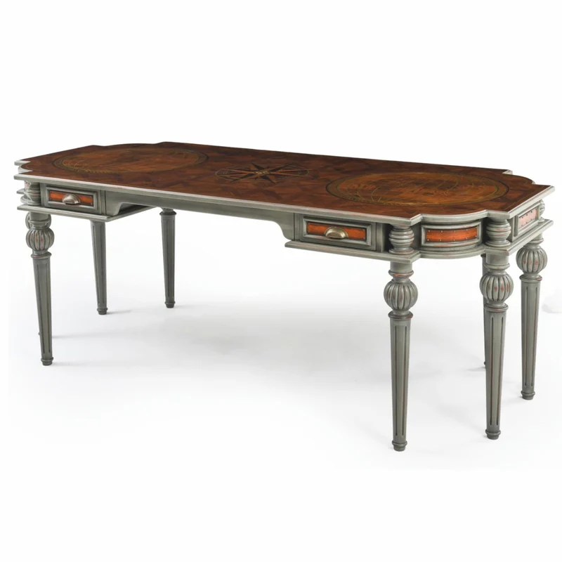 Casa Padrino Luxus Barock Massivholz Schreibtisch Braun / Grau 204 cm - Prunkvolle Büro Möbel - Barockstil Büro Möbel
