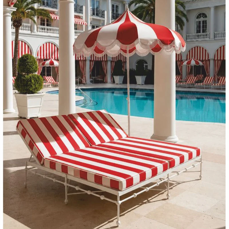 Casa Padrino Luxus Doppel Gartenliege Weiß / Rot 160 x 190 cm - Hotel & Garten Möbel VPP