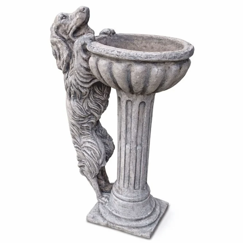 Casa Padrino Barock Vogeltränke mit dekorativer Hunde Skulptur Antik Grau H. 100 cm