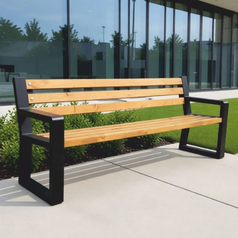 Casa Padrino Parkbank mit Rückenlehne und Armlehnen Naturfarben / Schwarz 200 cm - Stadtbank - Gartenbank - Outdoor Sitzbank