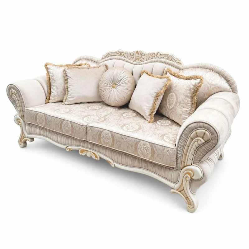 Casa Padrino Luxus Barock Sofa Grau / Weiß / Beige 214 cm - Prunkvolles Wohnzimmer Sofa - Barockstil Möbel