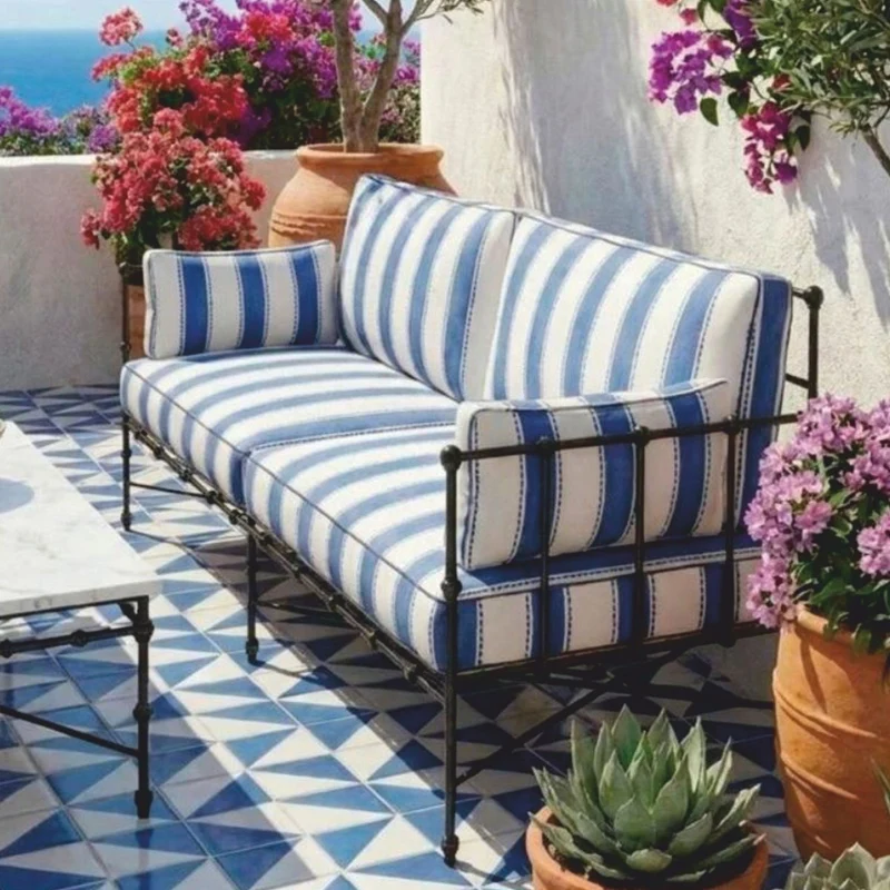 Casa Padrino Luxus Schmiedeeisen Sofa Blau / Weiß / Schwarz 245 cm - Hotel & Garten Sofa