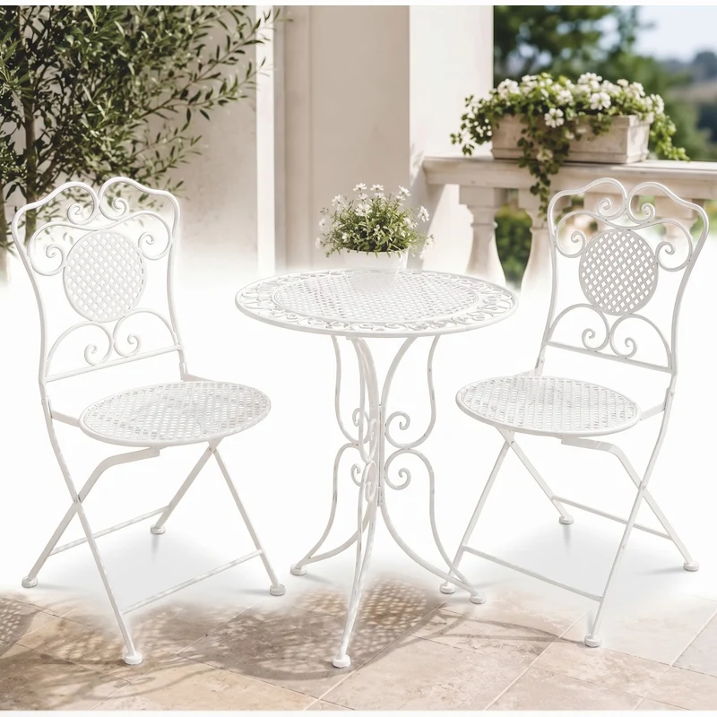 Casa Padrino Jugendstil Metall Garten Möbel Set Weiß - 1 Bartisch & 2 Barstühle - Nostalgische Garten Möbel - Jugendstil Garten Möbel