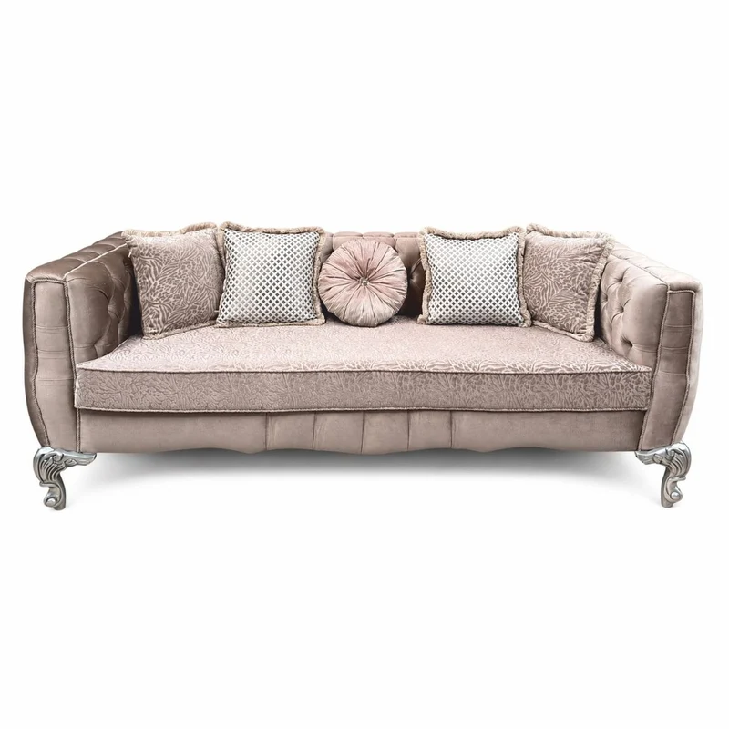 Casa Padrino Luxus Barock Wohnzimmer Sofa Rosa / Silber 235 cm - Prunkvolles Barockstil Sofa mit Kissen - Barock Wohnzimmer Möbel