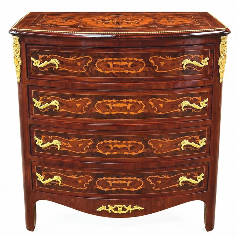 Casa Padrino Barock Kommode mit 4 Schubladen Braun Intarsien / Gold H. 90 cm - Prunkvolle Barock Möbel