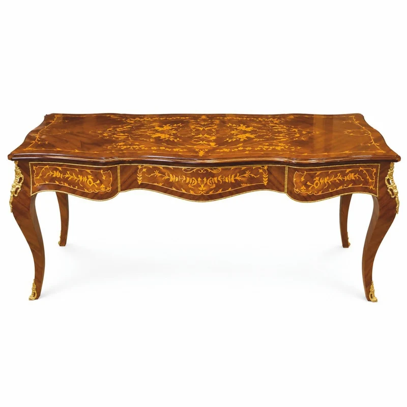 Casa Padrino Barock Schreibtisch mit 3 Schubladen Braun Intarsien 200 cm - Barock Büro Möbel - Prunkvolle Barockstil Möbel