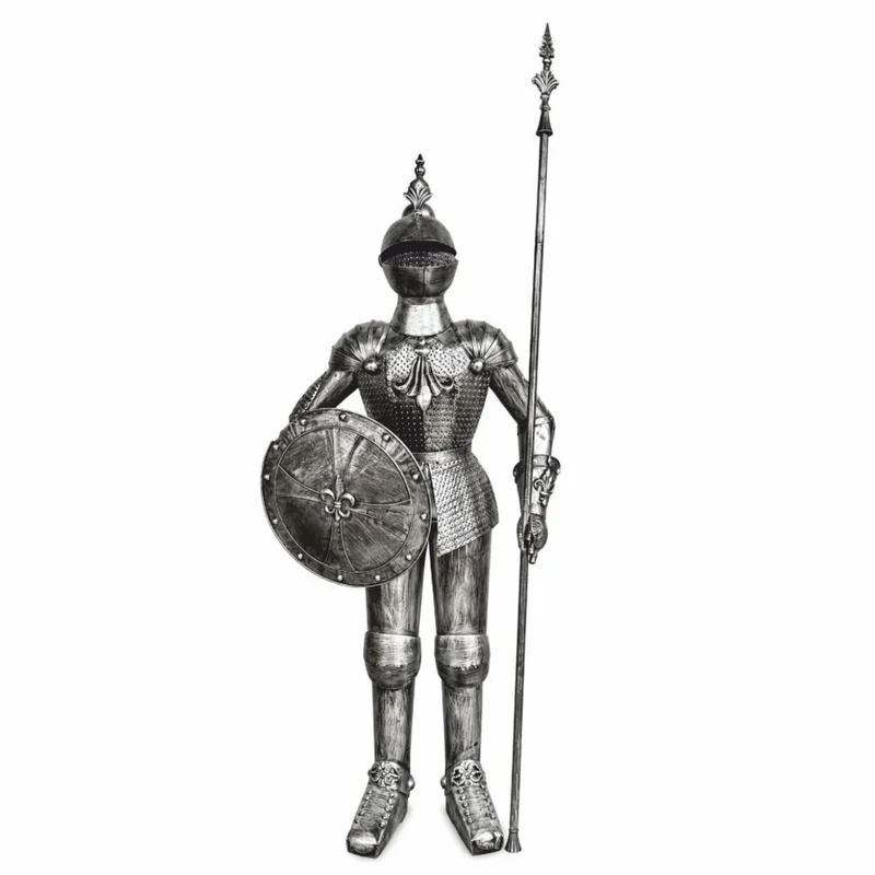 Casa Padrino Deko Ritterrüstung mit Schild & Lanze Antik Silber H. 247 cm - Mittelalter Deko Accessoires
