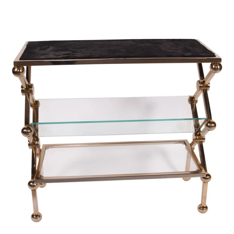 Casa Padrino Luxus Konsolentisch mit Fellauflage Gold / Schwarz 82 x 34 x H. 76 cm - Beistelltisch mit 2 Glasablagen