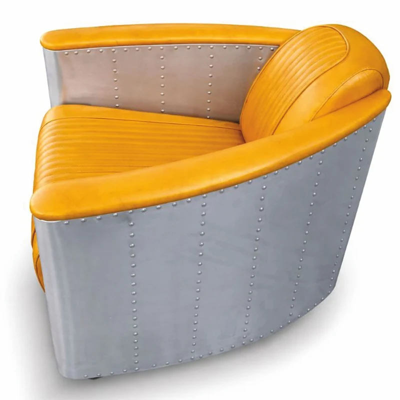 Casa Padrino Luxus Art Deco Leder Sessel Vintage Gelb / Silber - Aluminium Möbel