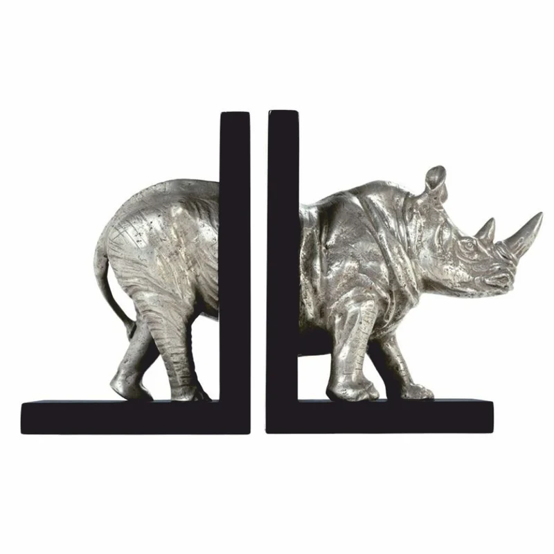 Casa Padrino Luxus Bücherstützen Set Nashorn Silber / Schwarz - Schreibtisch Deko