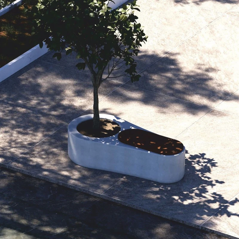 Casa Padrino Luxus Beton Gartenbank mit Blumentopf Weiß / Dunkelbraun 145 cm