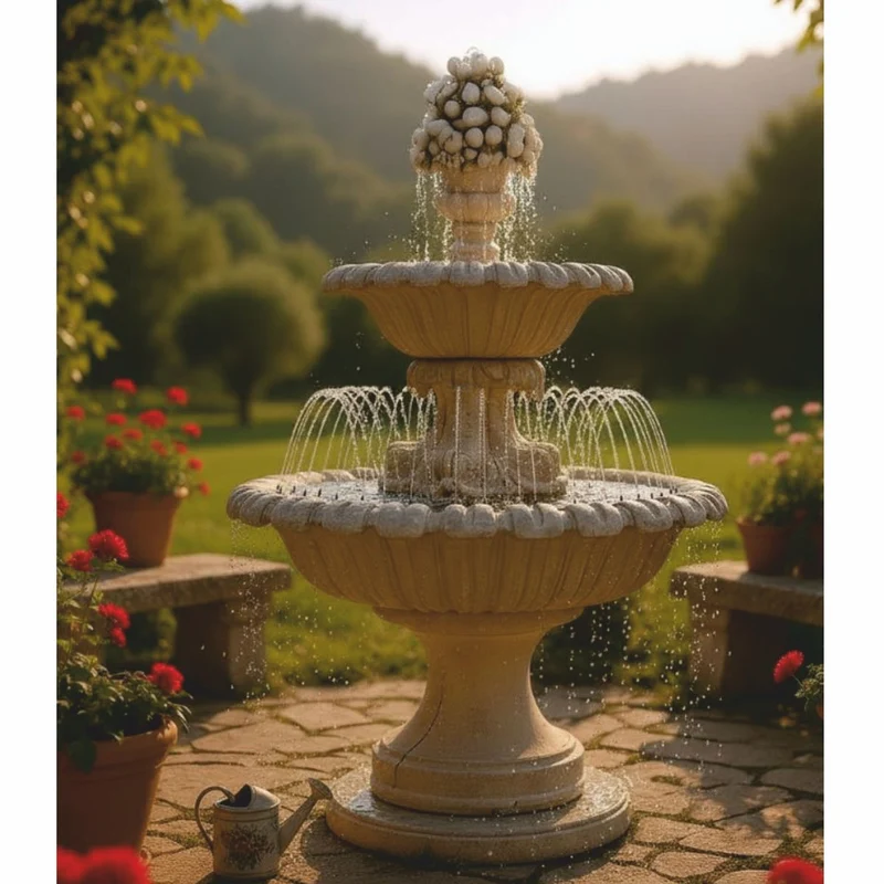 Casa Padrino Barock Springbrunnen mit Wasserdüsenring Beige Ø 153 x H. 270 cm - Prunkvoller Gartenbrunnen - Garten & Terrassen Deko