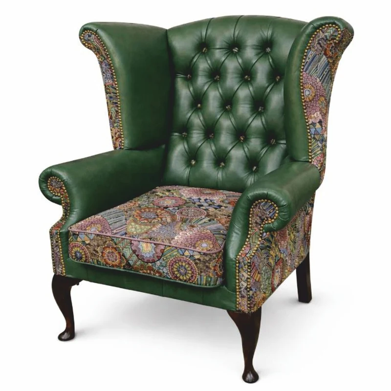 Casa Padrino Luxus Chesterfield Leder Ohrensessel Grün / Bunt / Dunkelbraun H. 110 cm