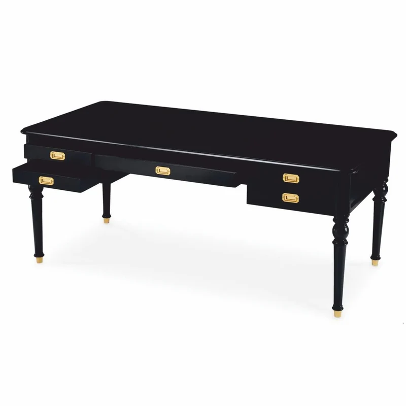 Casa Padrino Luxus Barock Schreibtisch Schwarz / Messing 185 cm - Barock Büro Möbel
