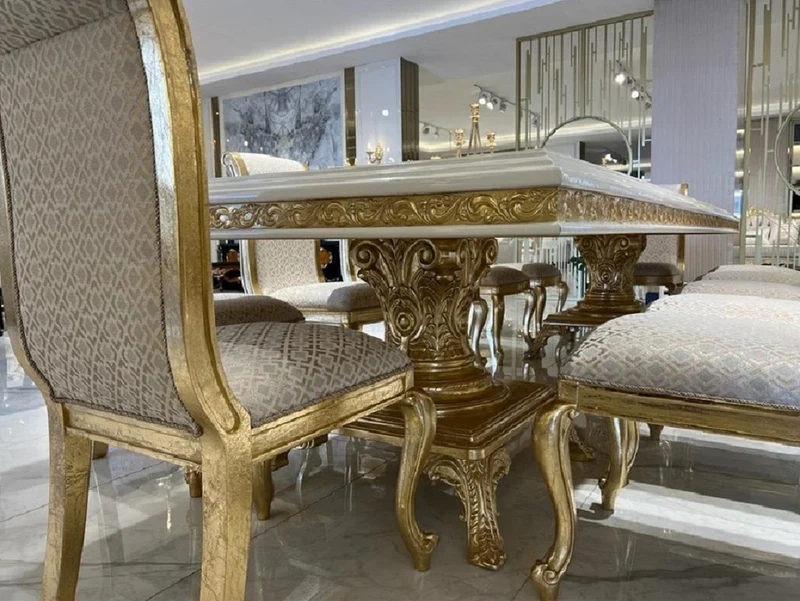 Casa Padrino Luxus Barock Esszimmer Set Creme / Weiß / Gold - 1 Esstisch & 10 Esszimmer Stühle