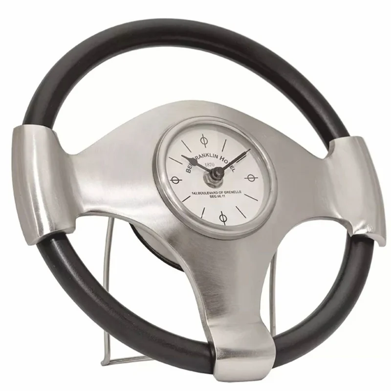 Casa Padrino Tischuhr in Lenkradform Silber / Braun Ø 26 cm - Deko Accessoires