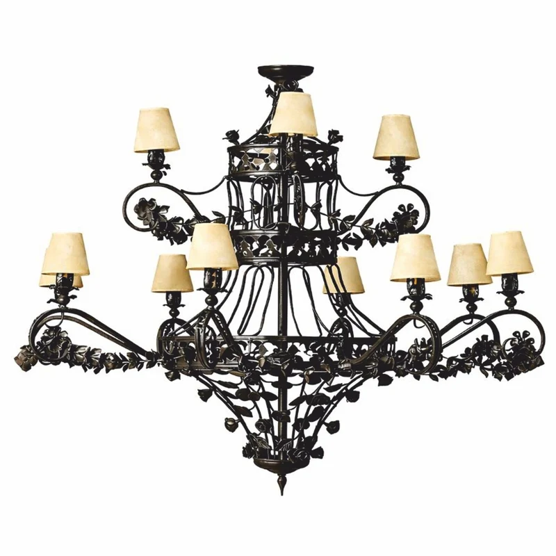 Casa Padrino Luxus Barock Schmiedeeisen Kronleuchter Schwarz / Beige Ø 150 x H. 130 cm