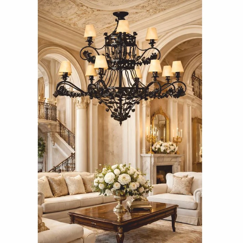 Casa Padrino Luxus Barock Schmiedeeisen Kronleuchter Schwarz / Beige Ø 150 x H. 130 cm