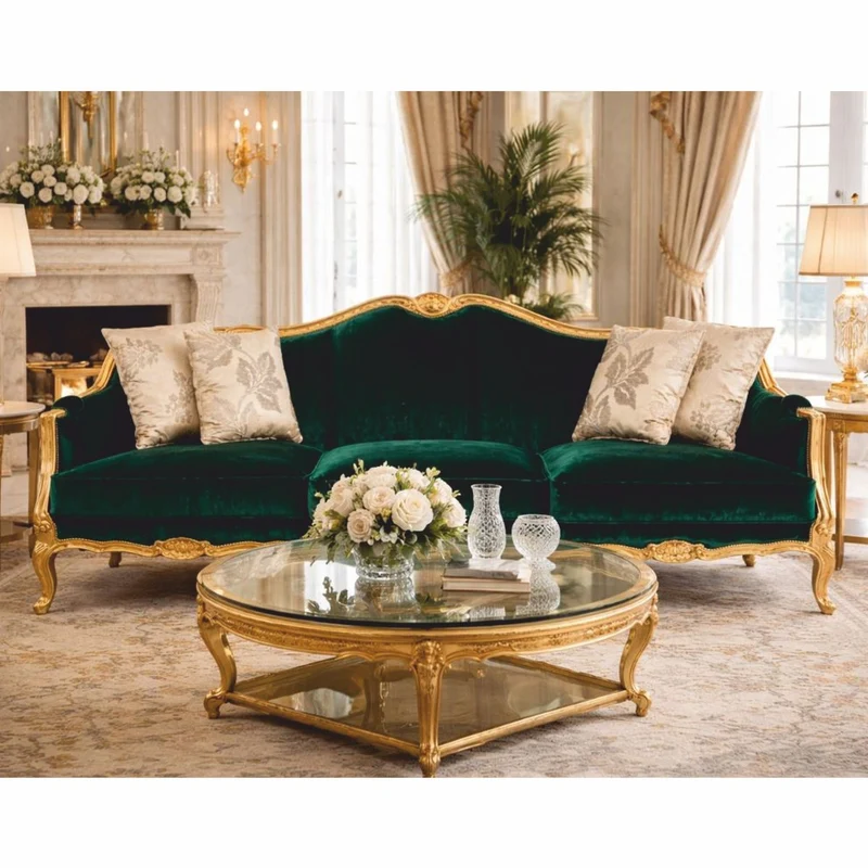 Casa Padrino Luxus Barock Sofa Grün / Gold 220 cm - Barock Wohnzimmer Möbel