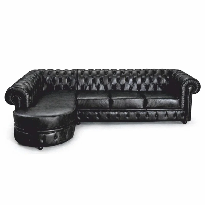 Casa Padrino Luxus Chesterfield Leder Ecksofa Vintage Schwarz 293 cm - Echtleder Möbel