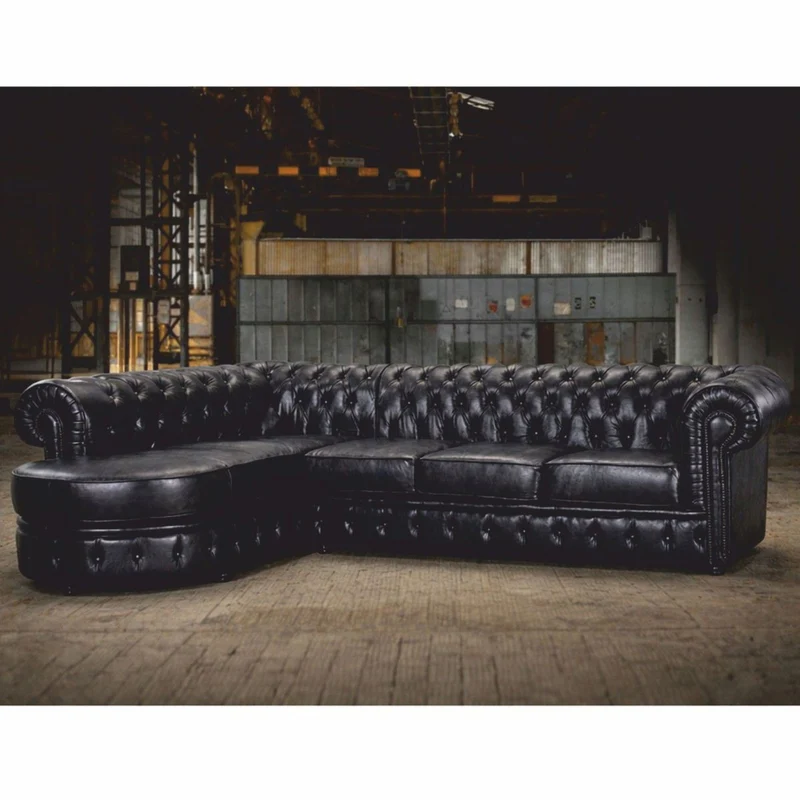 Casa Padrino Luxus Chesterfield Leder Ecksofa Vintage Schwarz 293 cm - Echtleder Möbel