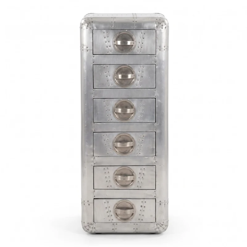 Casa Padrino Aluminium Kommode im Flugzeug Design mit 6 Schubladen Silber 40 x 40 x 100 cm