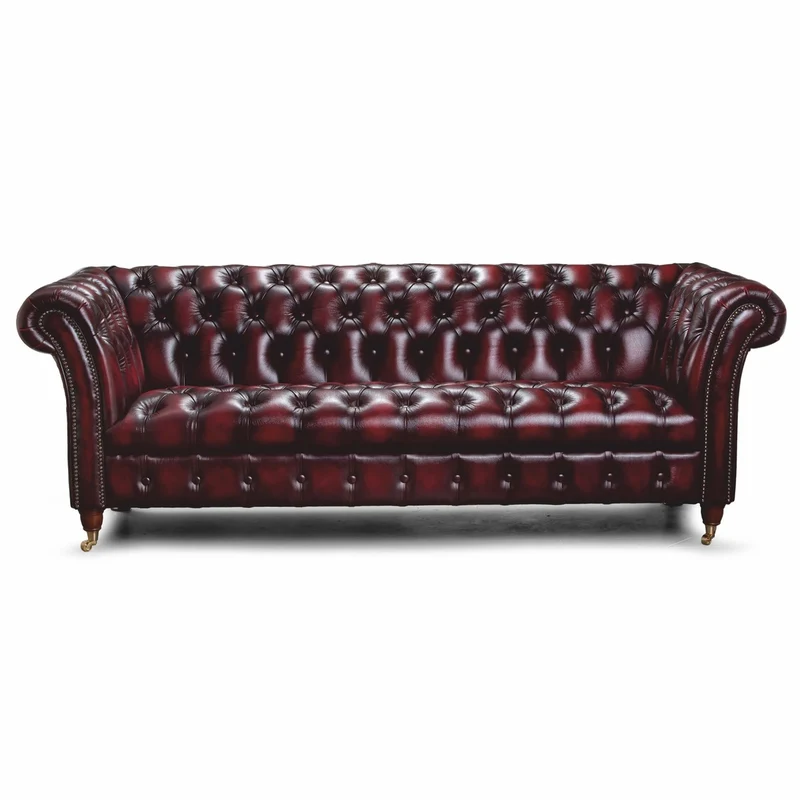 Casa Padrino Luxus Chesterfield Leder 3er Sofa Dunkelweinrot / Messing 235 cm - Echtleder Möbel