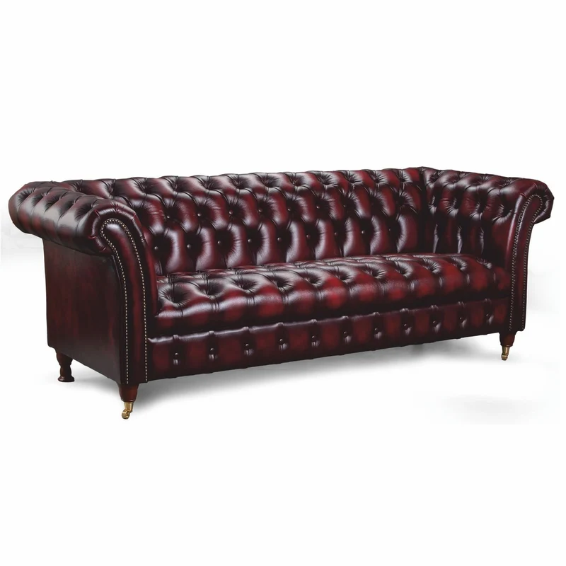 Casa Padrino Luxus Chesterfield Leder 3er Sofa Dunkelweinrot / Messing 235 cm - Echtleder Möbel