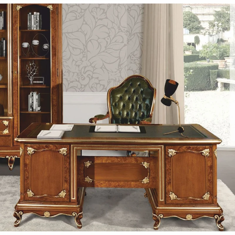 Casa Padrino Luxus Barock Schreibtisch Braun / Gold / Grün 180 cm - Made in Italy