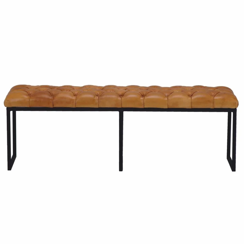 Casa Padrino Luxus Chesterfield Echtleder Sitzbank Hellbraun / Schwarz 130 cm - Echtleder Möbel