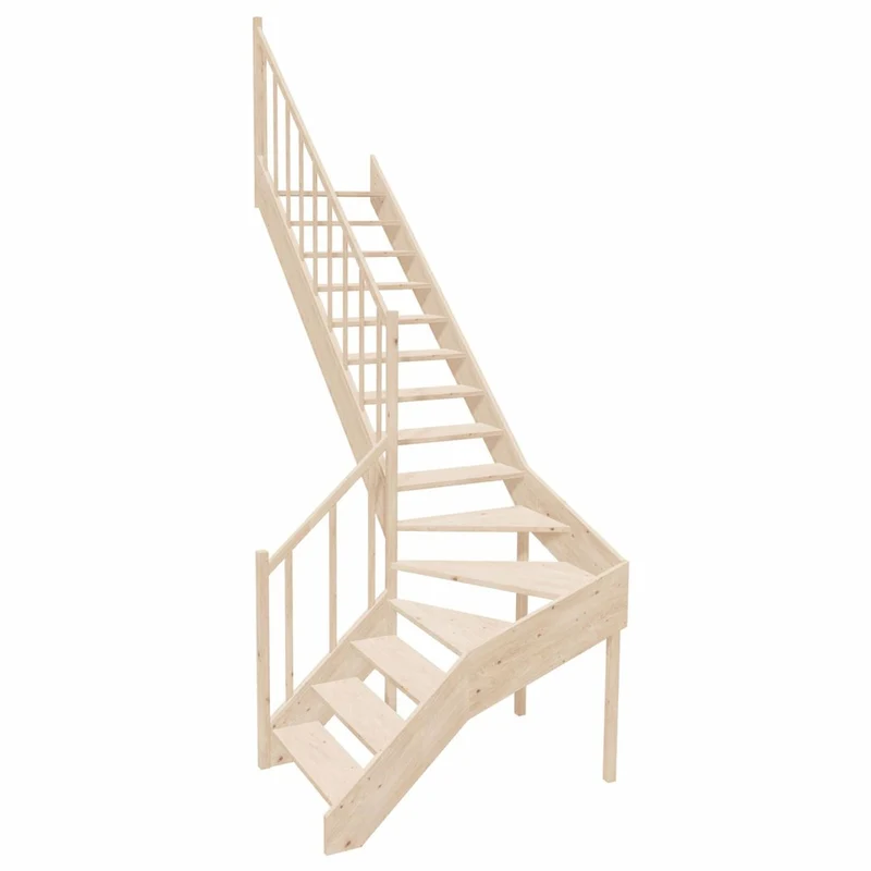 Casa Padrino Luxus Eck-Holztreppe mit Geländer linke Seite Naturfarben H. 304 cm