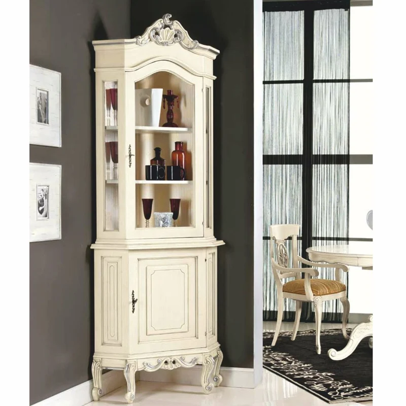 Casa Padrino Luxus Barock Eckvitrine Creme / Silber H. 226 cm - Barock Möbel - Made in Italy