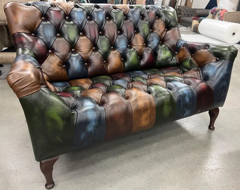 Casa Padrino Luxus Chesterfield Echtleder Patchwork Sofa Bunt / Dunkelbraun 144 cm