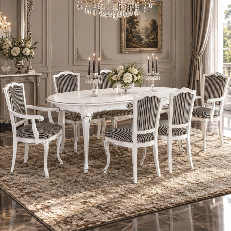 Casa Padrino Luxus Barock Esszimmer Set Weiß / Silber - 1 Esstisch & 6 Stühle - Made in Italy