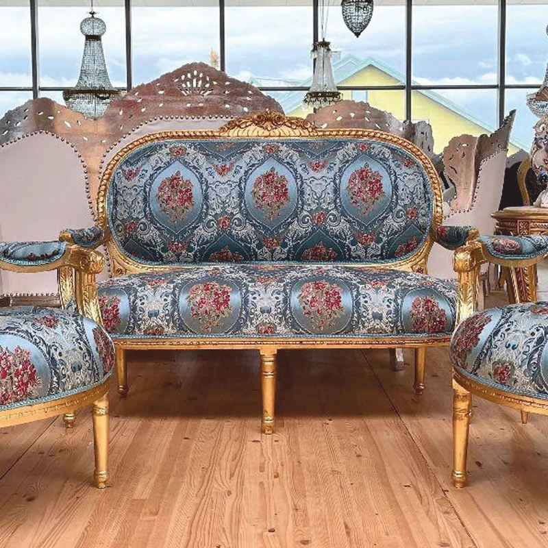 Casa Padrino Barock 2er Sofa Hellblau / Bunt / Gold 150 cm - Barock Möbel