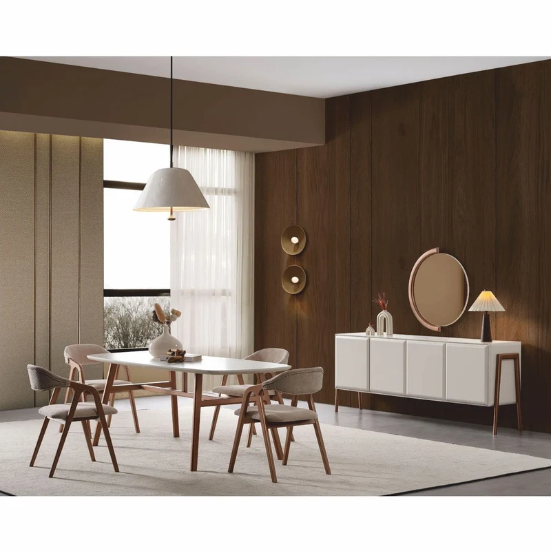 Casa Padrino Luxus Esszimmer Set Weiß / Braun / Grau - 1 Esstisch und 6 Esszimmer Stühle mit Armlehnen