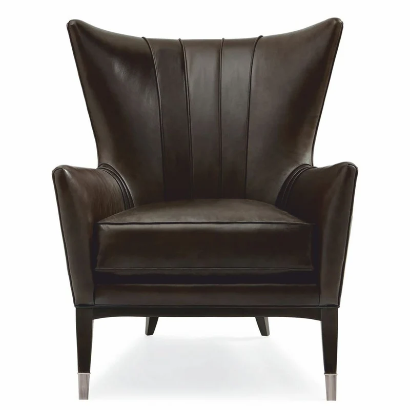 Casa Padrino Luxus Art Deco Leder Ohrensessel Braun / Schwarz / Silber H. 102 cm