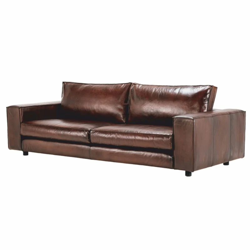 Casa Padrino Luxus Leder Sofa Dunkelbraun / Schwarz 205 cm - Echtleder Möbel