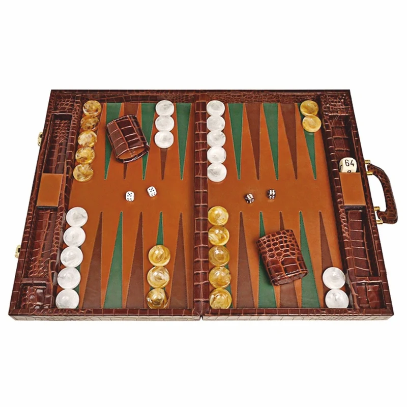 Casa Padrino Luxus Echtleder Backgammon Aktenkoffer Braun Kroko Optik - Luxus Accessoires