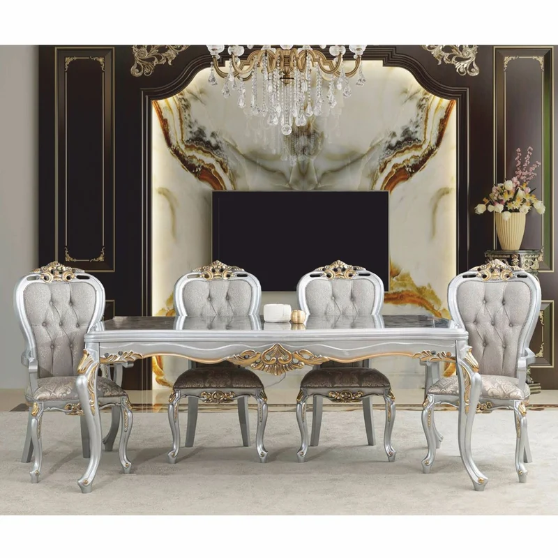Casa Padrino Luxus Barock Esszimmer Stuhl mit Armlehnen Grau / Silber / Gold - Barock Möbel